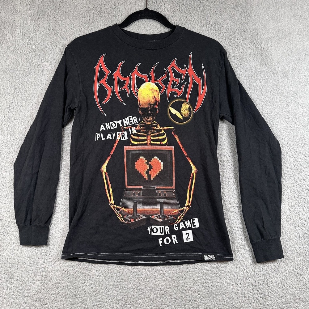 Broken Promises Shirt Mens Small Black Skeleton Gamer Long Sleeve Graphic Tee